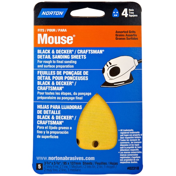 Norton Co Norton MultiSand 5-3/8 in. L X 3-3/4 in. W Aluminum Oxide Mouse Sandpaper 5 pk 07660702318 - main